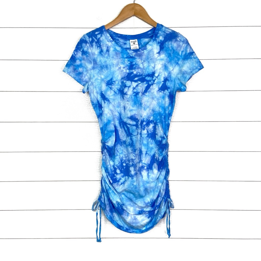 NWT PINK Victorias Secret Blue Tiedye Short Sleeve Ruched Fitted Dress Large